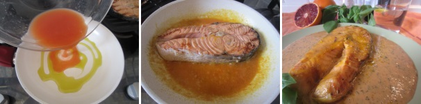 Versate l’olio su una padella e aggiungete il succo dopo la marinatura del pesce. Riducetelo a fuoco medio per 10 minuti circa. Cuocete il salmone nella riduzione per 3-4 minuti circa da ogni lato. Versate la salsa di arancia e timo sul piatto e sopra addagiate il salmone irrorato con la riduzione d’arancia. Decorate il piatto con le foglie sbollentate di basilico fresco.