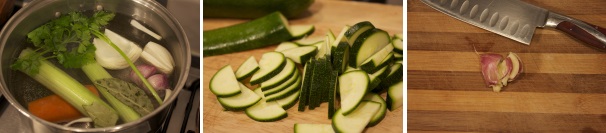 Preparate il brodo mettendo le verdure (cipolla, carota, sedano, parte del prezzemolo e alloro) e abbondante acqua in una pentola, portate ad ebollizione e lasciate sobbollire per almeno 10 minuti. Lavate e tagliate le zucchine sottilmente. Con un colpo secco del polso sul manico del coltello pigiate sullo spicchio d’aglio per ottenere l’aglio in camicia.