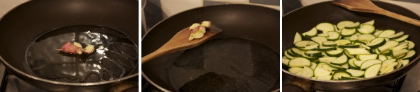 In una padella scaldate un filo d’olio e fate rosolare l’aglio in camicia, dopo aver fatto insaporire l’olio prelevate l’aglio, mettete le zucchine, aggiungete un pizzico di sale e fatele rosolare.