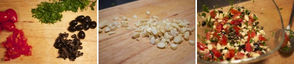 Sminuzzate le olive, i pomodorini, il prezzemolo e le mandorle e mescolate il tutto in una ciotola, aggiustando di sale.