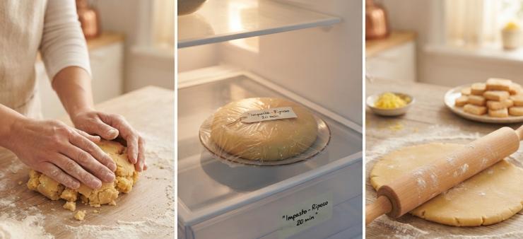 Rovesciate il composto sul piano di lavoro e impastate velocemente con le mani per ottenere un impasto liscio ed omogeneo. Avvolgete l’impasto nella pellicola e lasciatelo riposare in frigo per circa 20 minuti. Una volta che avrà riposato stendetelo, aiutandovi con il mattarello e pochissima farina.