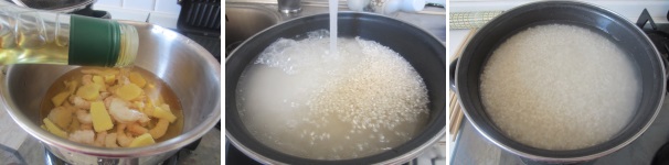 Mettete i gamberi e lo zenzero in una casseruola, coprite con aceto di riso (o aceto di mele) e lasciate marinare. Lavate il riso sotto acqua corrente fredda per levare l’amido, finchè l’acqua non risulterà completamente limpida e trasparente. Coprite il riso con l’acqua e fate riposare 10 minuti circa.
