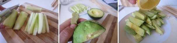 Lavate, sbucciate e tagliate il cetriolo per lungo, a bastoncini di uno spessore di 0,5 centimetri circa, privandolo della polpa acquosa contenente i semi. Sbucciate con le mani l’avocado, togliete la noce e tagliatelo a bastoncini un po’ piu grandi di quelli del cetriolo. Spruzzate con del succo di limone, altrimenti diventerà più scuro.