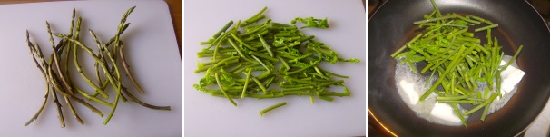 Pulite gli asparagi eliminando le parti legnose, sbollentateli per cinque minuti e scolateli. Da qualche asparago più bello tagliate e mettete da parte le punte che utilizzerete poi per la decorazione finale della tartina. I restanti tagliateli finemente e ripassateli in padella con il burro per cinque minuti.