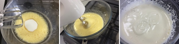 Aggiungete lo zucchero e montate per circa 7-10 minuti con la frusta elettrica alla massima velocità. Il composto dovrebbe aumentare del doppio il suo volume e sarà montato adeguatamente quando potrete disegnare un “8” con l’impasto ed esso resterà per qualche secondo visibile.