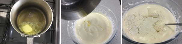Nel mentre sciogliete il burro in un pentolino, o in microonde, usando un cucchiaio grande, aggiungetelo al composto, che avrete tolto dal bagnomaria. Aggiungete anche la farina ed incorporatela con il cucchiaio, o una spatola, con movimenti decisi, dall’alto verso il basso, cercando di mantenere tutta l’aria che avete incorporato.