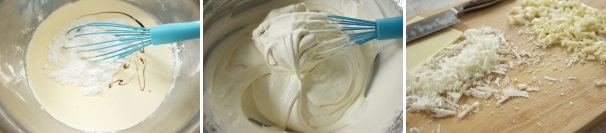 Nel frattempo montate la panna con lo zucchero a velo e la vaniglia, tagliate il cioccolato a pezzettini e a scaglie, per quest’ultime potrete usare un pelapatate oppure con la lama del coltello esercitate una leggera pressione sulla tavoletta e tirate la lama verso di voi.