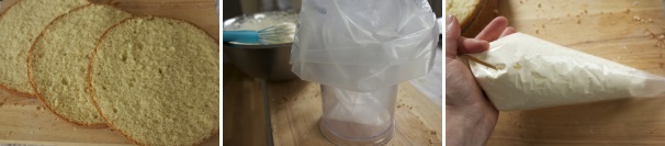 Quando la torta sarà completamente fredda potrete dividerla in tre dischi, si procede inserendo la lama del coltello, tagliando trasversalmente tutto intorno alla circonferenza della torta, poi potrete andare a fondo con il coltello e quindi tagliare i dischi. Inserite la sacca da pasticcere in un bicchiere o un contenitore alto, risvoltandola, inserite quindi la panna riempendo circa i due terzi della sacca, fate uscire l’aria in eccesso ed chiudete la sacca attorcigliando l’estremità superiore.