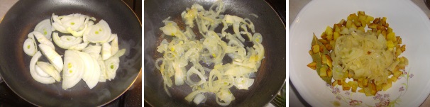 Sbucciate le cipolle, affettatele grossolanamente e cuocetele in una padella coperte con un filo d’olio per circa 5 minuti rimanendo attenti affinché non si brucino, quando saranno cotte unitele alle patate.