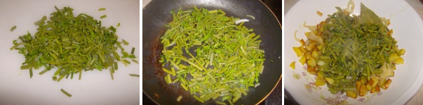 Infine tagliuzzate gli asparagi sbollentati e ripassateli in padelli anch’essi con un filo d’olio, dopodiché aggiungeteli alle patate ed alle cipolle.