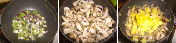 In un tegame scaldate qualche cucchiaio di olio e imbiondite il cipollotto, dopodiché unitevi i funghi champignon tagliati a pezzetti e la patata a dadini, quindi lasciate che si cuociano per qualche minuto, fino a che i funghi non rilasceranno la loro acqua di vegetazione.