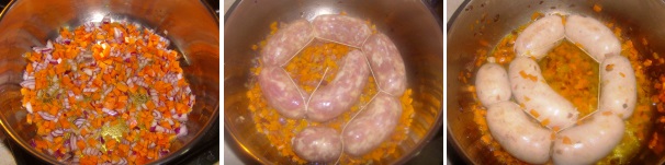 Trascorso il tempo di cottura delle lenticchie iniziate a preparare il fondo della zuppa. Preparate un trito con la restante carota e la cipolla rossa e fatele appassire in un tegame con un filo d’olio, aggiungete la salsiccia e fatela rosolare da entrambe le parti, sfumate con il vino bianco e lasciatelo evaporare a fiamma alta.