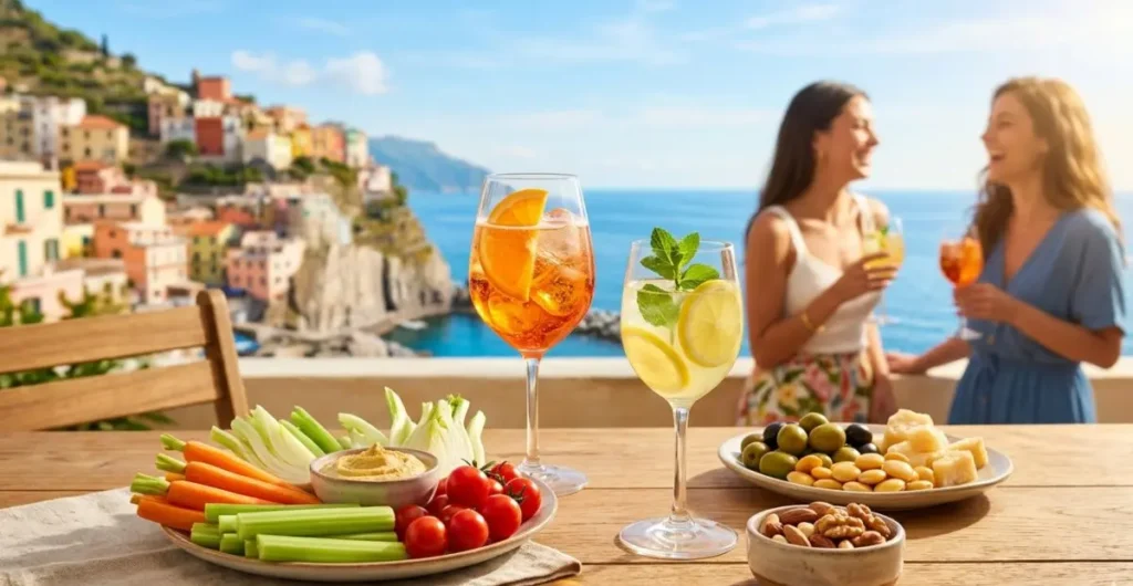 Aperitivo e dieta: opzioni salutari Tavolo all'aperto con aperitivo light: crudité di verdure, hummus, olive e spritz con vista mare.