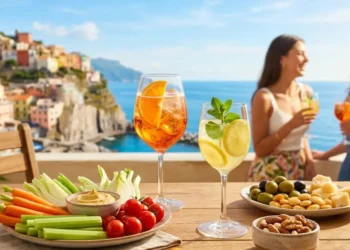 Aperitivo e dieta: opzioni salutari Tavolo all'aperto con aperitivo light: crudité di verdure, hummus, olive e spritz con vista mare.