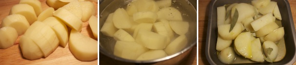 Nel mentre pelate, lavate e tagliate grossolanamente le patate, mettetele a bollire in abbondante acqua salata. Scolatele quando saranno quasi cotte, trasferitele in una pirofila con un po’ d’olio e l’alloro e infornatele insieme al maiale.
 