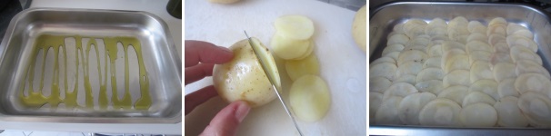 Ungete con l’olio la teglia. Scolate le patate. Tagliatele a fettine molto sottili senza sbucciarle. Disponete le lamelle sulla teglia.