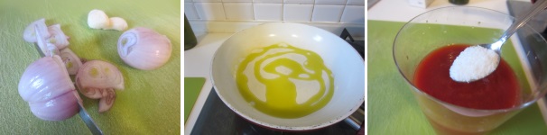Sbucciate e tagliate l’aglio e gli scalogni. Riscaldate l’olio nella padella e soffriggete per qualche minuto. Nel frattempo salate la polpa di pomodoro.
