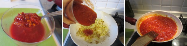 Aggiungete il chili al sugo, mescolate bene e versate sopra la cipolla dorata. Cuocete per un minuto circa.