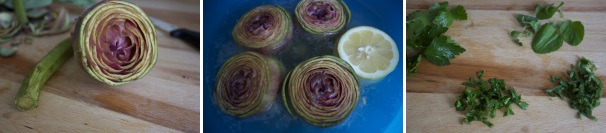 Pulite i carciofi eliminando le foglie più esterne e tagliando le punte; tagliate anche i gambi eliminando un po’ dell’estremità, pelateli con il coltello e tagliateli a pezzetti. Immergeteli subito in acqua e strofinateli con il limone in modo da evitare che si anneriscano. Sminuzzate le foglie di mentuccia e di prezzemolo.