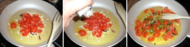 Unite i pomodori ciliegini lavati e tagliati in quarti. Spolverizzate con il sale, mescolate ed aggiungete il basilico tritato.