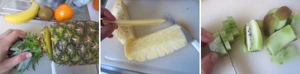 Lavate e sbucciate la frutta: togliete il gambo dell’ananas e tagliate i kiwi a pezzettini.