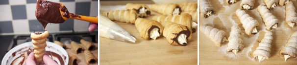 Sciogliete a bagnomaria il cioccolato fondente e riempite i cannoli freddi, creando una copertura interna di cioccolato. Inserite poi la crema al mascarpone in una sacca da pasticcere e riempite i cannoli. Spolverizzate con dello zucchero a velo e servite.