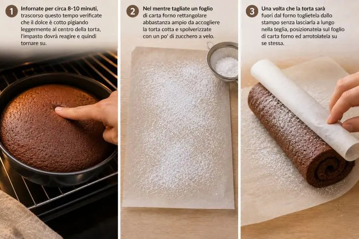 Infornate per circa 8-10 minuti, trascorso questo tempo verificate che il dolce è cotto pigiando leggermente al centro della torta, l’impasto dovrà reagire e quindi tornare su. Nel mentre tagliate un foglio di carta forno rettangolare abbastanza ampio da accogliere la torta cotta e spolverizzate con un po’ di zucchero a velo. Una volta che la torta sarà fuori dal forno toglietela dallo stampo senza lasciarla a lungo nella teglia, posizionatela sul foglio di carta forno ed arrotolatela su se stessa. Lasciatela quindi raffreddare completamente.