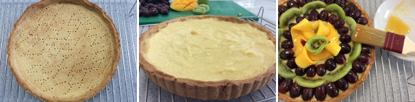 Una volta che la base sarà cotta lasciatela raffreddare completamente, poi farcitela con la crema pasticcera e la frutta tagliata. Mescolate la marmellata di albicocche con qualche goccia d’acqua calda in modo da renderla più fluida, spennellate poi il composto su tutta la frutta per ravvivarne e i colori e renderli più lucidi.