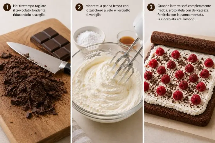 Nel frattempo tagliate il cioccolato fondente, riducendolo a scaglie. Montate la panna fresca con lo zucchero a velo e l’estratto di vaniglia. Quando la torta sarà completamente fredda, srotolatela con delicatezza, farcitela con la panna montata, la cioccolata ed i lamponi. Lasciatela riposare per almeno 20 minuti in frigorifero prima di tagliarla e servirla.