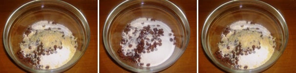In una ciotola unite tutti gli ingredienti secchi. dunque la farina ed il lievito setacciati con lo zucchero, poi l’uvetta ed infine la granella di mandorle.