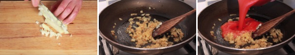 Per preparare il sugo tagliate a dadini una cipolla e lasciatela imbiondire dolcemente, aggiungete poi la passata di pomodoro e un po’ d’acqua. Portate il tutto a bollore e poi abbassate il fuoco per terminare la cottura.