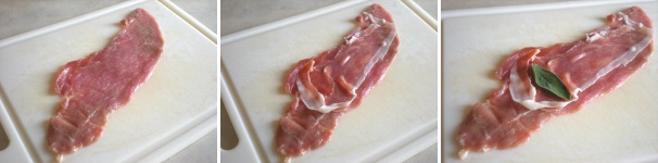 Tagliate a fette la Rosa Camuna e poi ancora a pezzi di medio spessore. Stendete una fettina di vitello tagliata sottile su di un tagliere. Sistemateci sopra una fettina di prosciutto crudo piegata a metà ed una fogliolina di salvia fresca.