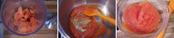 Pelate e private dei semi la papaya, tagliatela grossolanamente e frullatela con un mixer ad immersione. Scaldatene una parte in un pentolino aggiungendo la gelatina e a fuoco basso sciogliete il tutto. Aggiungete il resto della purea di papaya, mescolate bene e trasferitela in una ciotolina.