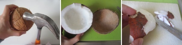 Rompete la noce di cocco: con il martello date dei colpetti decisi intorno alla noce fin quando non si crea una crepa. Aprite il cocco e aiutandovi con un coltellino staccate la polpa dalle pareti.