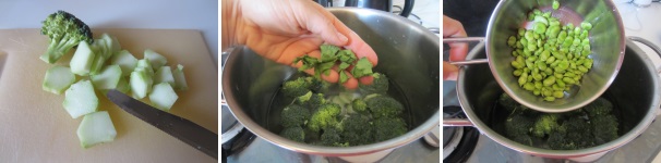 Lavate il broccolo, tagliate il gambo a pezzettini e dividete le cime. Mettete il tutto in una pentola con l’acqua salata, dopodiché aggiungete il prezzemolo e le fave.