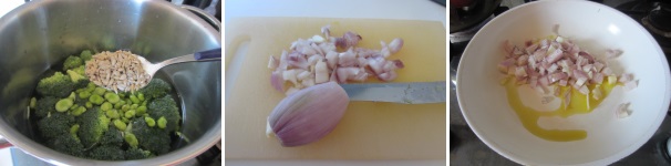 Aggiungete un cucchiaino di semi di girasole e cuocete a fuoco lento per circa 20 minuti. Tagliate lo scalogno a cubetti e fatelo soffriggere in una padella con un po’ d’olio.
 