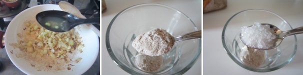 Aggiungete 2 cucchiai di acqua della minestra e rosolate. Preparate il roux di farina e latte d’avena, aggiungete poi il sale.