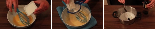In una ciotola mettete i tuorli, aggiungete lo zucchero e mescolate bene con una frusta dopodiché aggiungete la farina e la fecola di patate e mescolate bene. Nel mentre fate scaldare il latte con l’estratto di vaniglia.