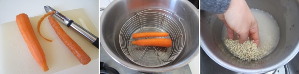 Lavate e sbucciate le carote e cuocetele al vapore per circa 10 minuti. Sciaquate l’orzo abbondantemente e cuocetelo in 400 ml di acqua salata a fuoco medio per circa 30 minuti.