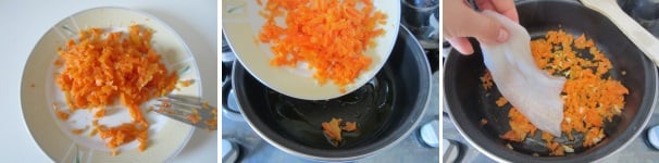 Sminuzzate le carote e soffriggetele nell’olio, aggiungete parte dei filetti di platessa, quelli più piccoli, e continuate a cuocere qualche minuto a fuoco lento.