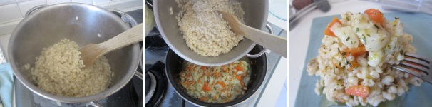 L’orzo è pronto quando ha assorbito tutta l’acqua. Unitelo al sugo e mescolate delicatamente. Servite caldo, cosparso con il dragoncello.