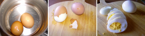 Bollite le uova partendo da acqua fredda e tenetele sul fuoco per circa 7 minuti a partire dal bollore, quindi scolatele, sbucciatele ed affettatele.