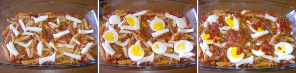 Adesso in una pirofila stendete un primo strato di pasta, poi mettetevi parte di fiordilatte ed Emmentaler, un uovo sodo, e qualche cucchiaio di sugo, quindi coprite con un altro strato di pasta e ripete l’operazione.