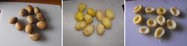 Lessate le patate in abbondante acqua salata e scolatele appena pronte, fatele intiepidire e privatele della pellicina, dopodiché paraticate un foro sulla superficie e con un cucchiaino estraete un po’ della polpa lessa.