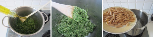 Aggiungete ancora un po’ di olio per ottenere il pesto liscio dopodichè accendete il fuoco a fiamma bassa e riscaldate tutto, senza però farlo cuocere. Buttate la pasta in acqua salata e cuocete 8 minuti circa.