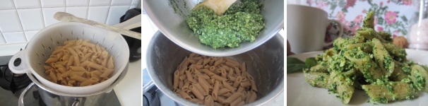 Scolate la pasta, unitela insieme al pesto in una pentola e mescolate per unire bene tutti gli ingredienti. Servite calda o fredda.
 