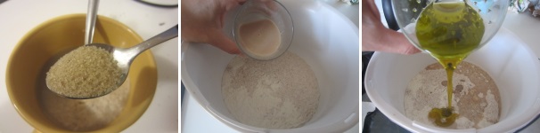 Sciogliete il lievito madre in mezzo bicchiere d’acqua con 2 cucchiaini di zucchero di canna. Unite le due farine e aggiungete il lievito. Versate sopra l’olio.