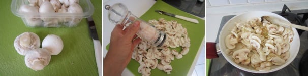 Pulite i funghi e tagliateli a fette, cospargeteli con il sale, aggiungeteli alla cipolla e fate cuocere per 5 minuti circa.
 