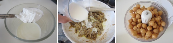 Aggiungete al latte la fecola di patate e mescolate bene per sciogliere eventuali grumi. Aggiungete la miscela ai funghi, mescolate e quando il sugo inizierà addensarsi spegnete il fuoco. Mettete i ceci scolati in tritatutto.