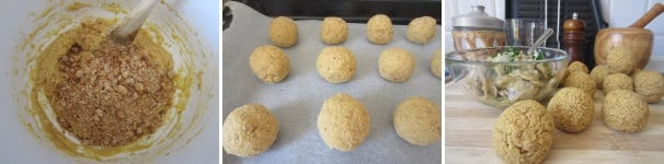 Aggiungete il pangrattato, mescolate e formate delle palline simili alle noci. Infornate in forno preriscaldato a 180°C per 15 minuti.